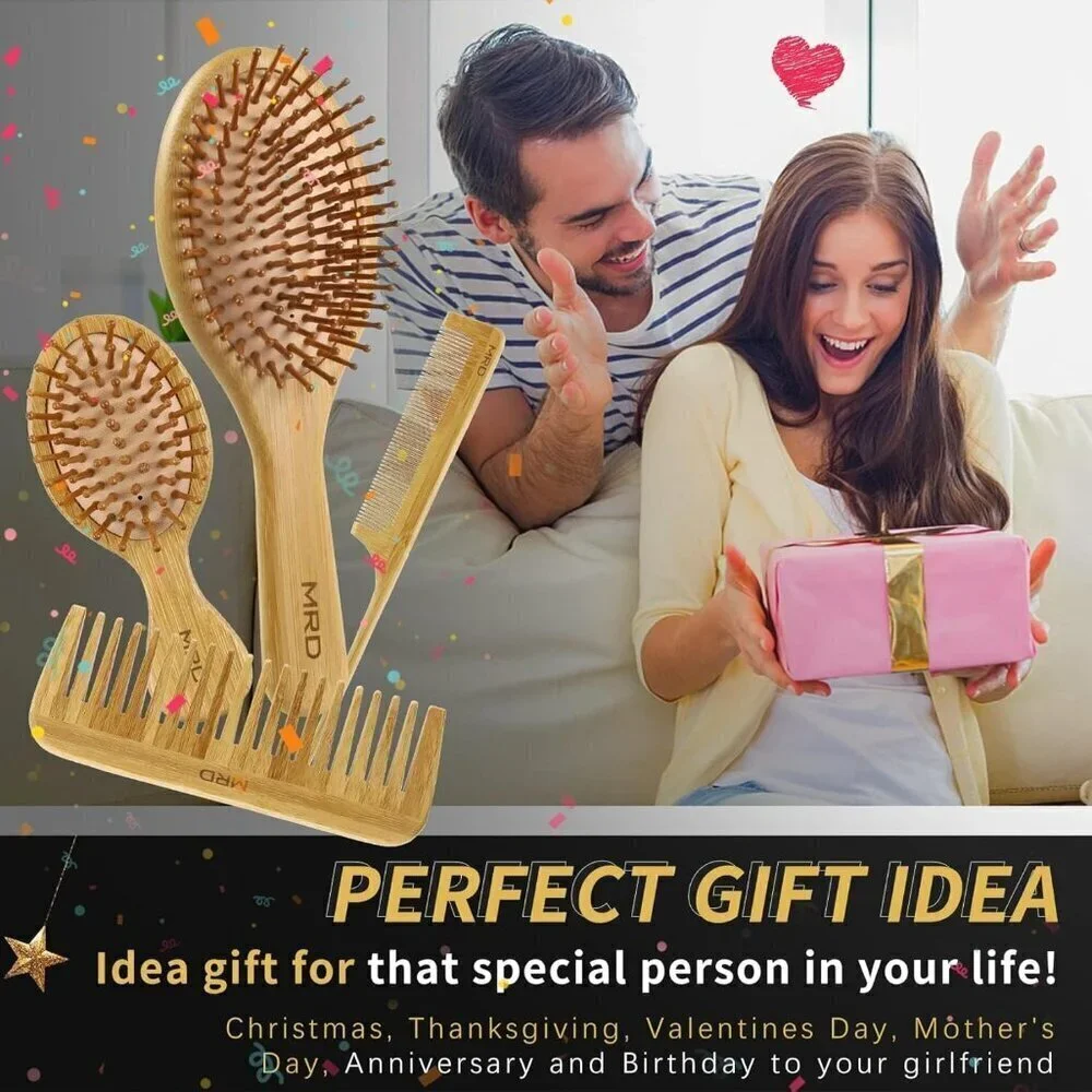 Hair Brush Set, Natural Bamboo Comb Paddle Detangling Hairbrush, Wide-tooth and